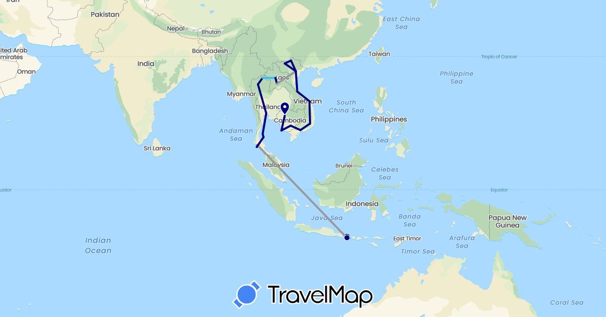 TravelMap itinerary: driving, plane, boat in Indonesia, Cambodia, Laos, Thailand, Vietnam (Asia)